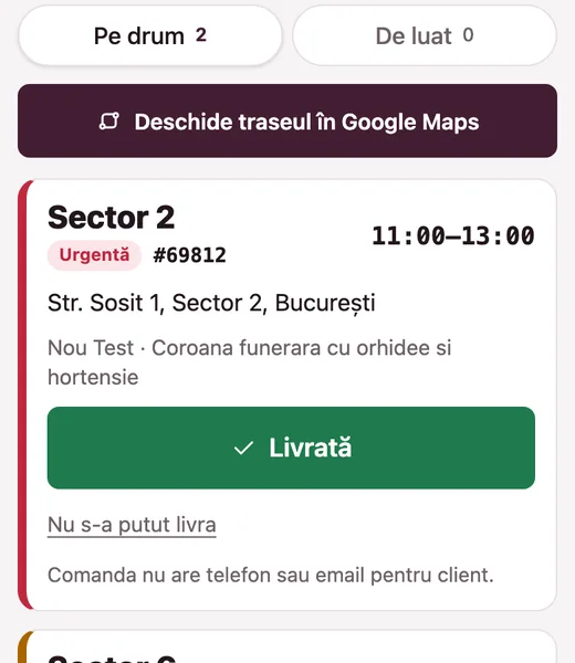 The courier screen in Romanian: the button that opens the route in Google Maps, and Livrată (Delivered) on a test order